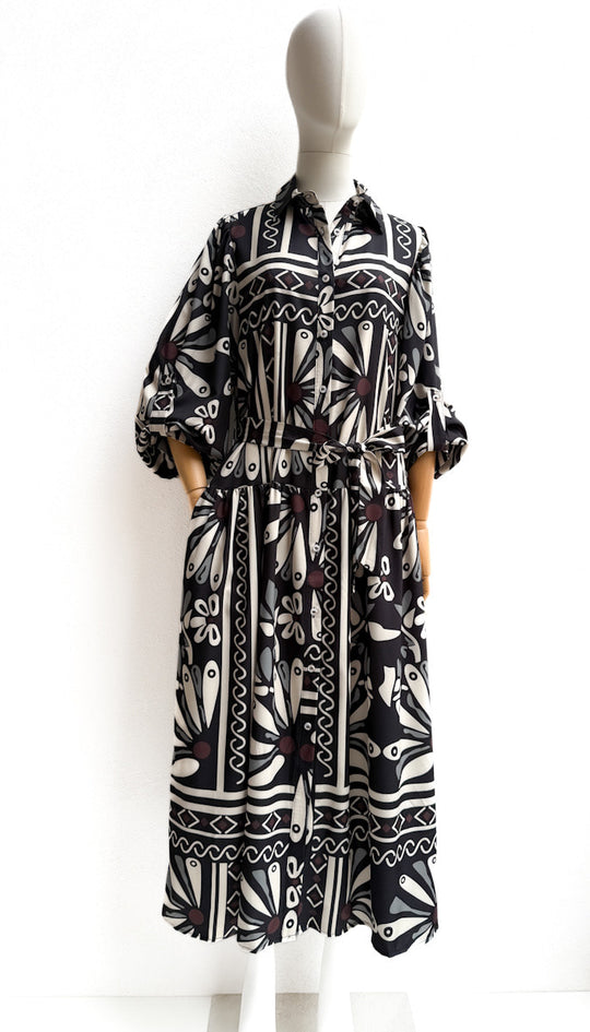 Vestido Camisero Largo Estampado Floral Geométrico Negro