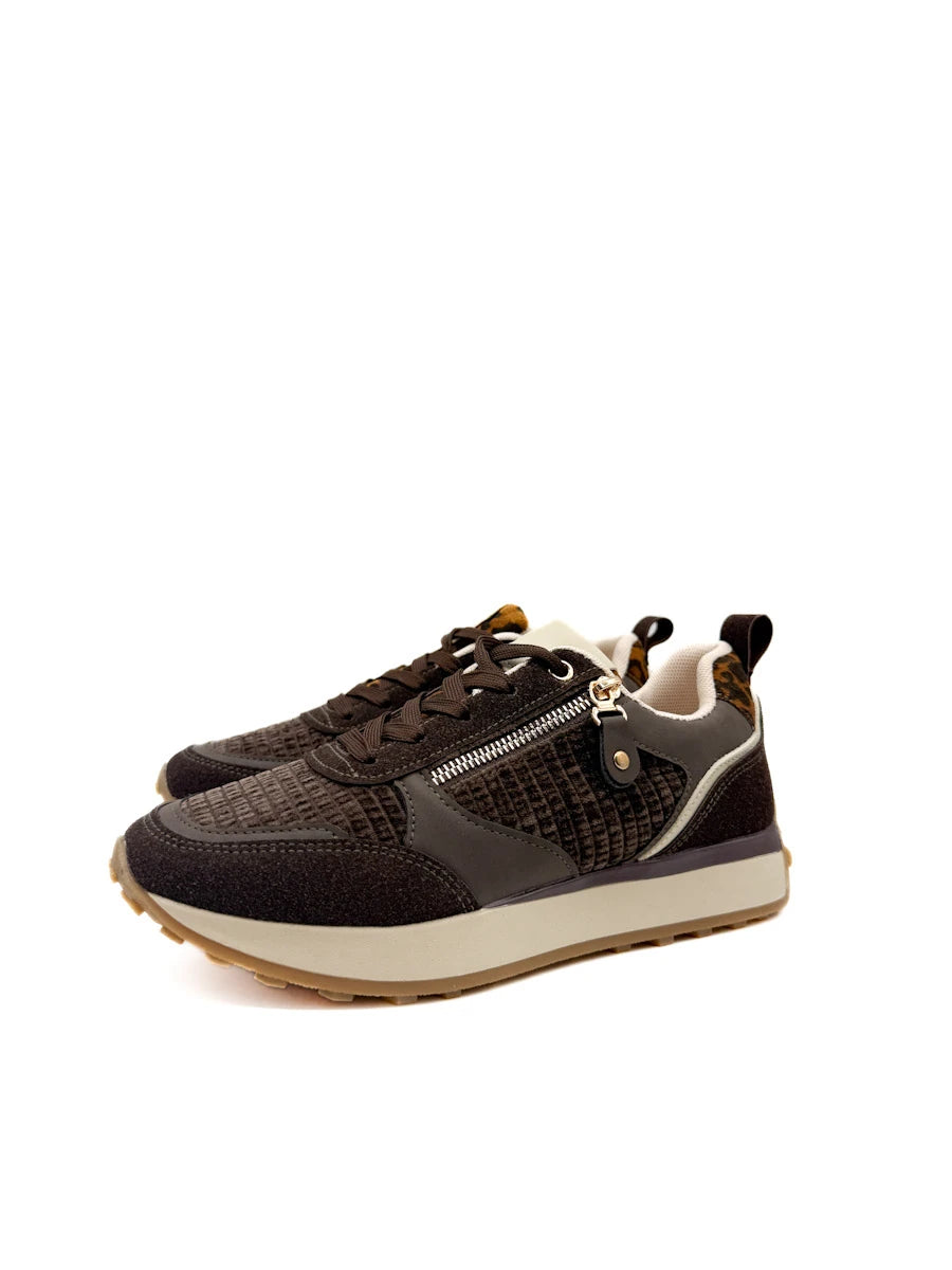 Zapatillas Deportivas de Mujer con Cremallera Decorativa, Pana y Detalle Animal Print
