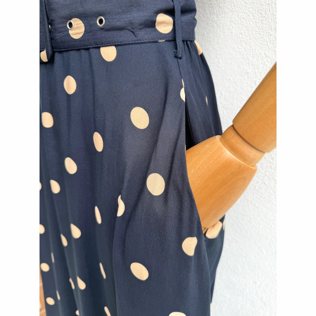 Vestido Largo Azul Marino con Lunares y Cinturón