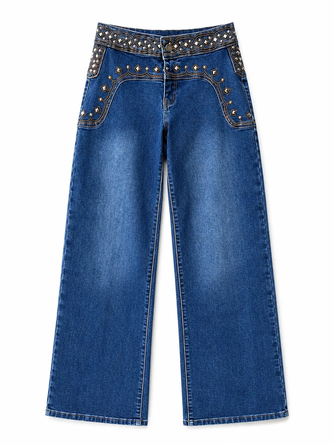 Jeans Recto de Mezclilla con Pedrería Decorativa | Tiro Medio