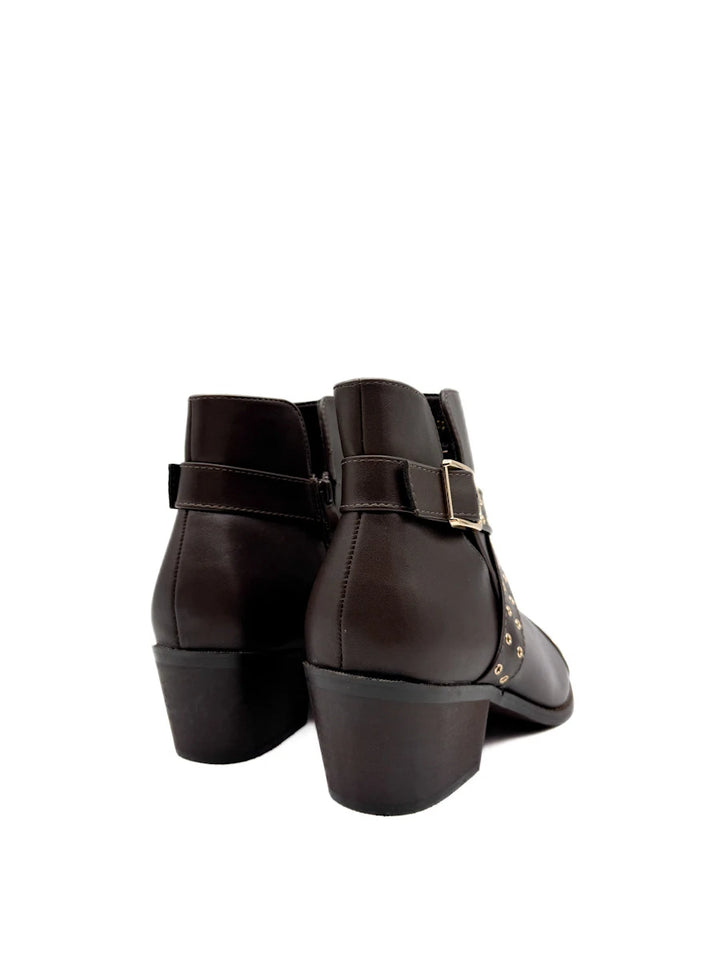 Botines Camperos de Mujer con Ojetes Metálicos y Hebilla - Tacón Ancho y Cremallera