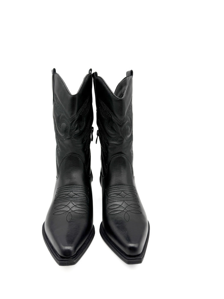 Botín Cowboy Negra con Diseño Clásico y Cremallera Lateral