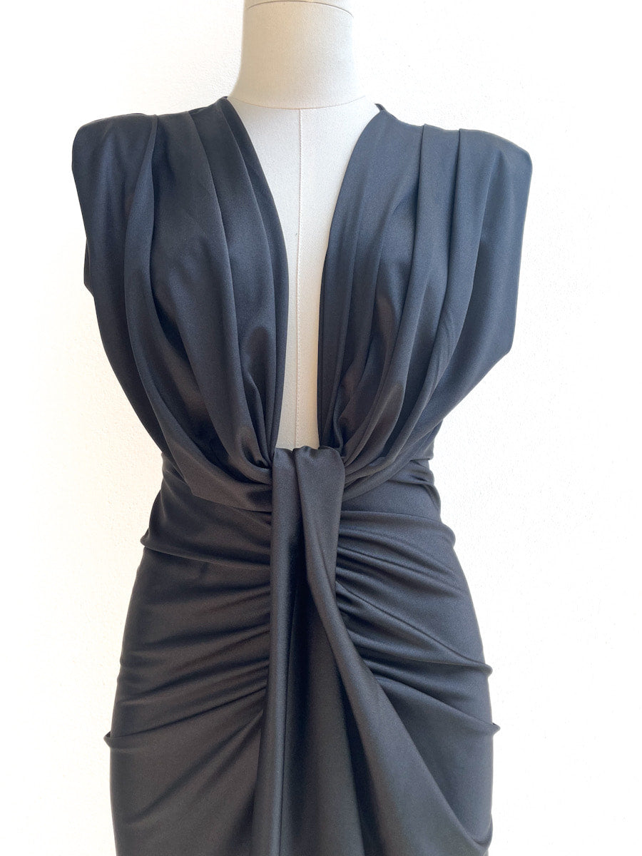 Vestido Largo Drapeado con Escote en V Profundo, Nudo en la Cintura.