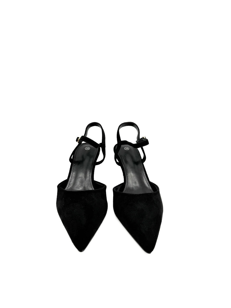 Zapatos destalonados de punta fina con tacón bajo y acabado en antelina