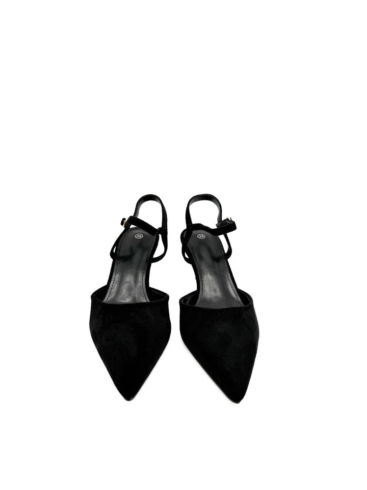 Zapatos destalonados de punta fina con tacón bajo y acabado en antelina