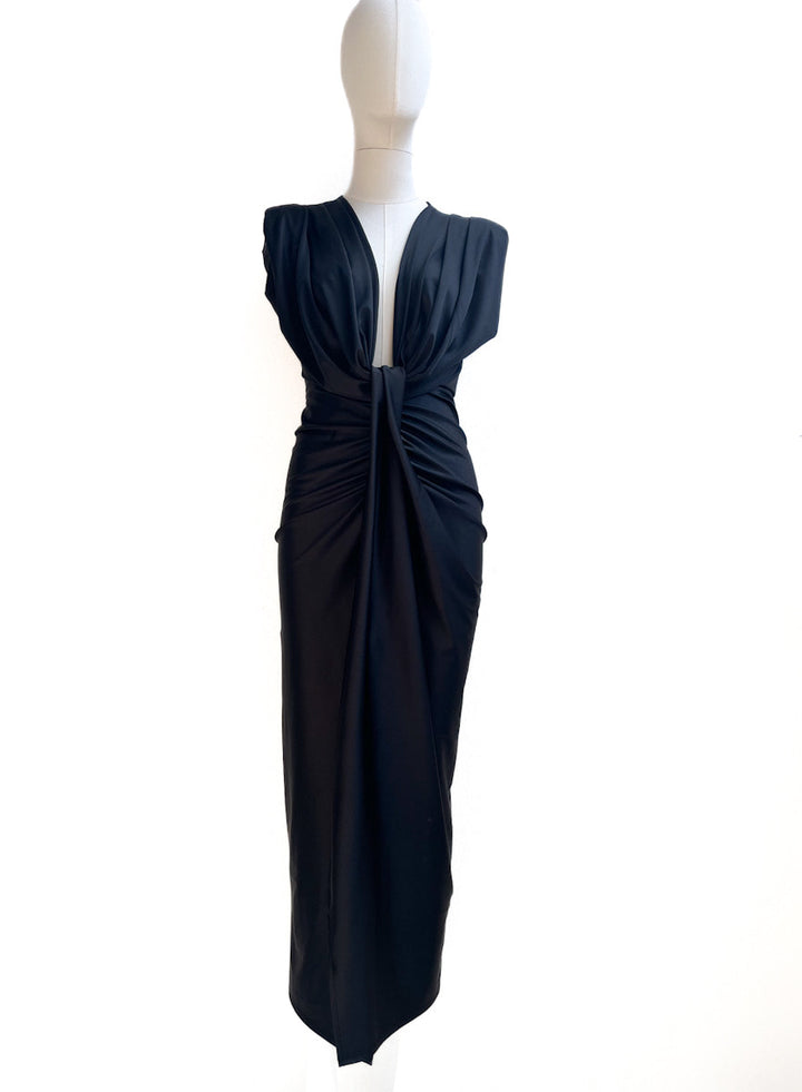 Vestido Largo Drapeado con Escote en V Profundo, Nudo en la Cintura.