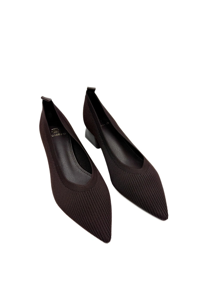 Zapatos de Salón en Tejido Elástico Canalé con Tacón Ancho y Puntera Fina