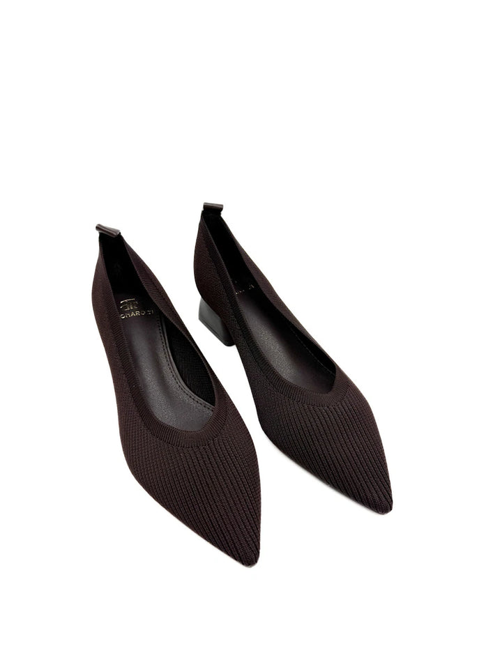 Zapatos de Salón en Tejido Elástico Canalé con Tacón Ancho y Puntera Fina