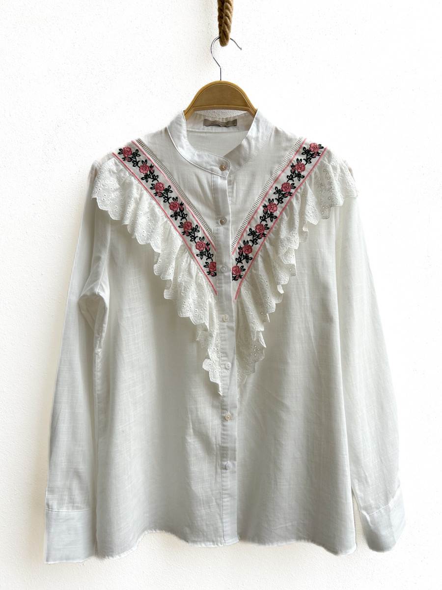 Camisa bordados florales Blanco Único