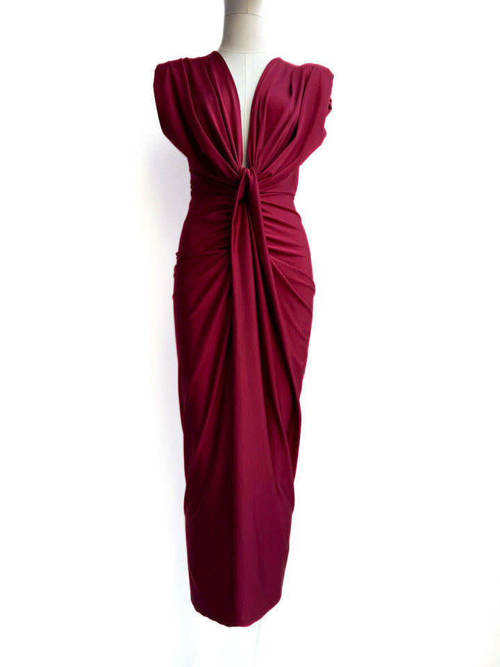 Vestido Largo Drapeado con Escote en V Profundo, Nudo en la Cintura.