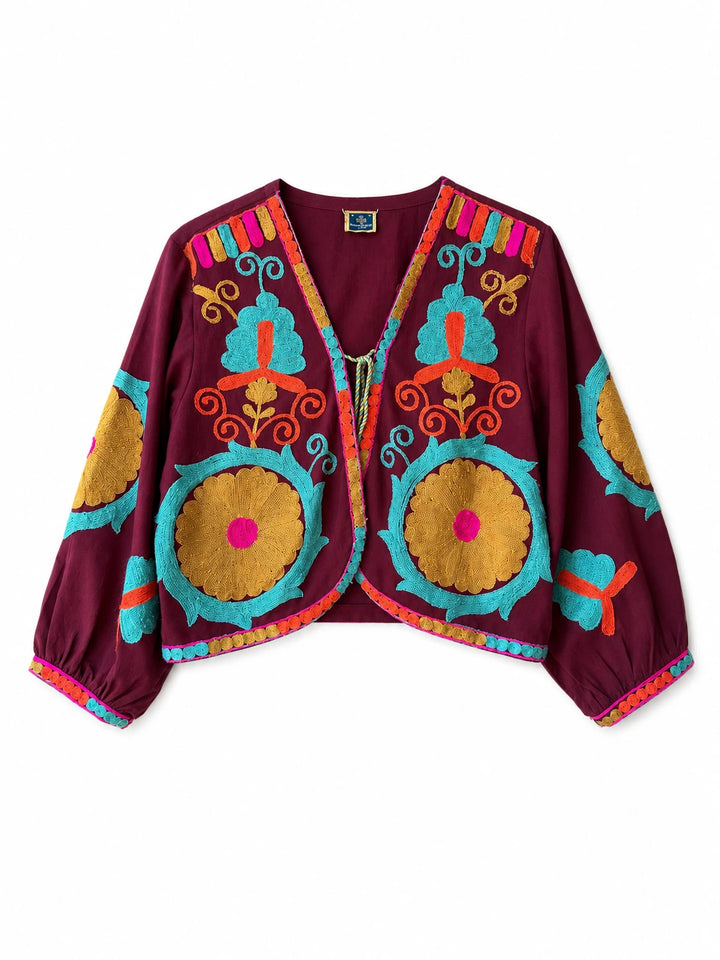 Chaqueta Bordada Multicolor para Mujer de Estilo Boho con Manga Larga y Diseño Artesanal