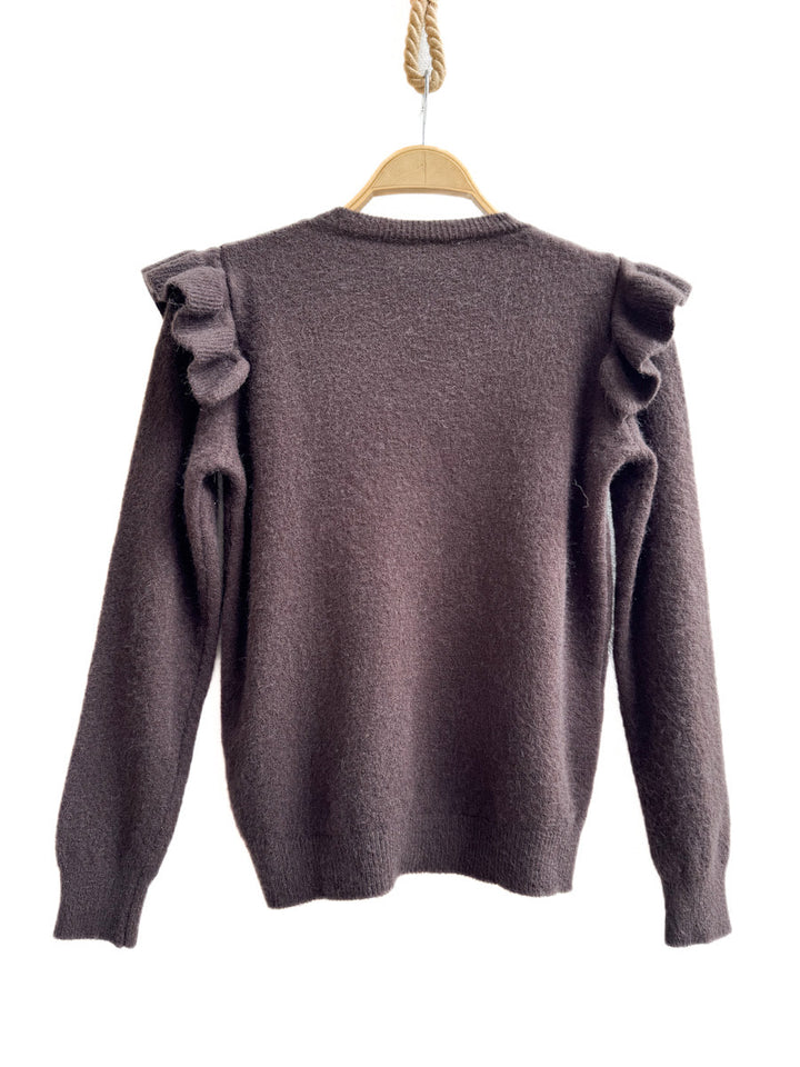 Suéter de Punto con Volantes en los Hombros - Elegancia y Comodidad Marrón Única