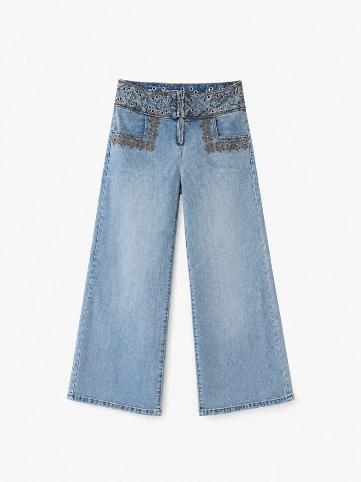 Pantalón de Mezclilla de Pierna Ancha con Detalles Metálicos en Pretina