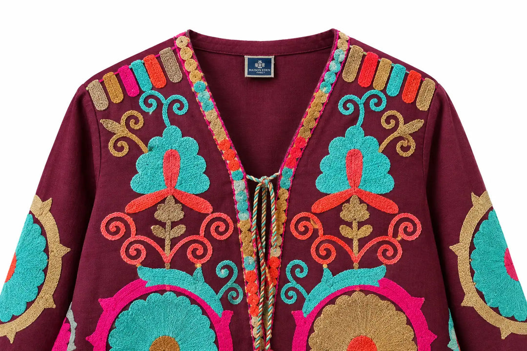 Chaqueta Bordada Multicolor para Mujer de Estilo Boho con Manga Larga y Diseño Artesanal