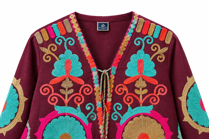 Chaqueta Bordada Multicolor para Mujer de Estilo Boho con Manga Larga y Diseño Artesanal