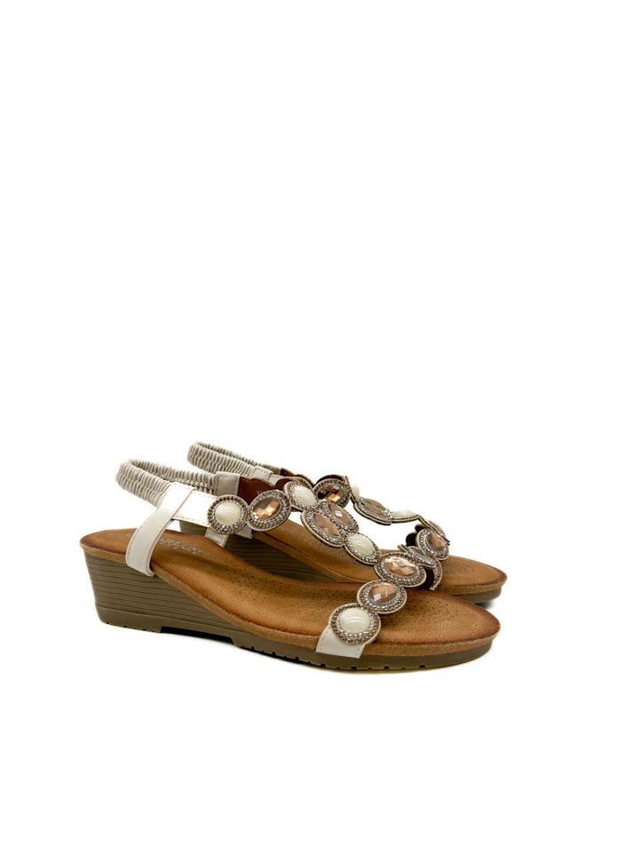 Sandalias de Cuña Baja con Pedrería y Tira Elástica Estilo Joya