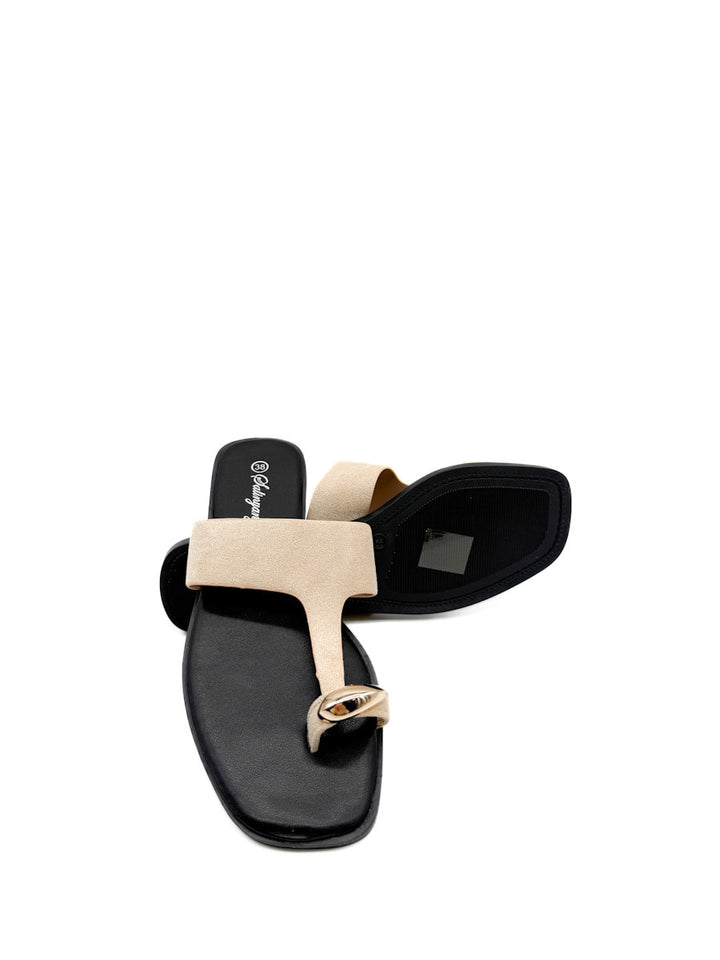 Sandalias Planas Antelina de Dedo con Detalle Dorado