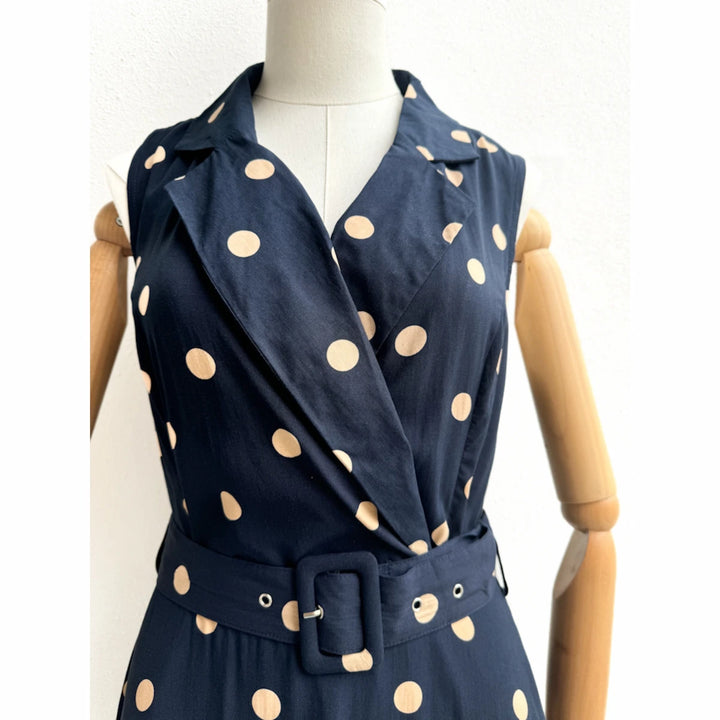 Vestido Largo Azul Marino con Lunares y Cinturón