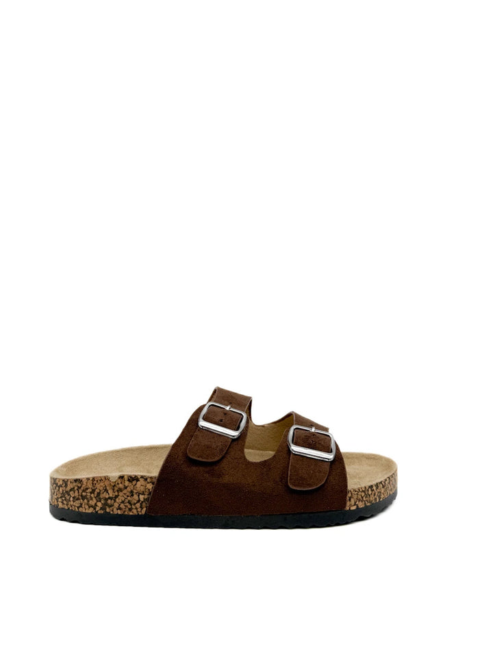 Sandalia Bio marrones con doble hebilla y suela de corcho.