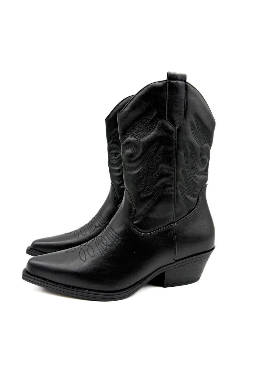 Botín Cowboy Negra con Diseño Clásico y Cremallera Lateral