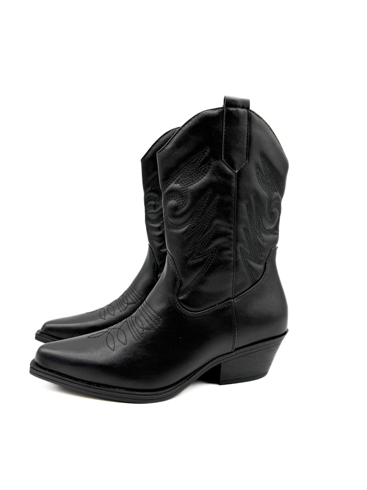 Botín Cowboy Negra con Diseño Clásico y Cremallera Lateral