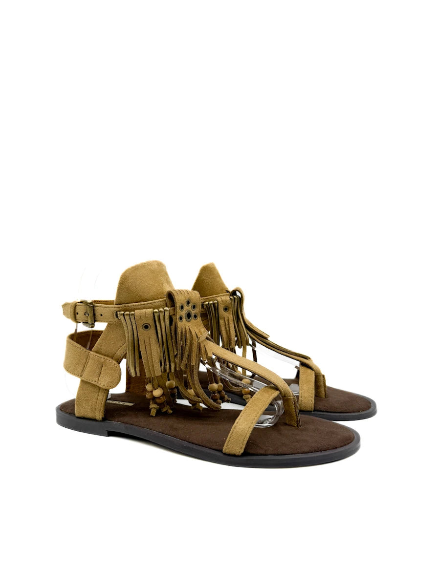 Sandalias Planas de Estilo Étnico Corina con Flecos, Cuentas de Madera y Cierre de Hebilla