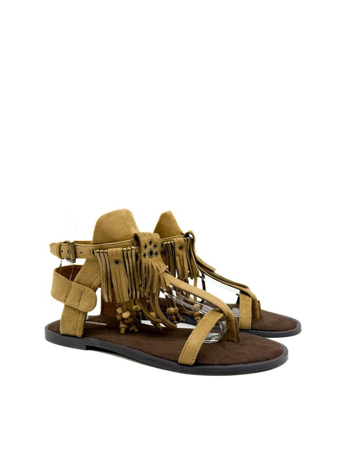 Sandalias Planas de Estilo Étnico Corina con Flecos, Cuentas de Madera y Cierre de Hebilla