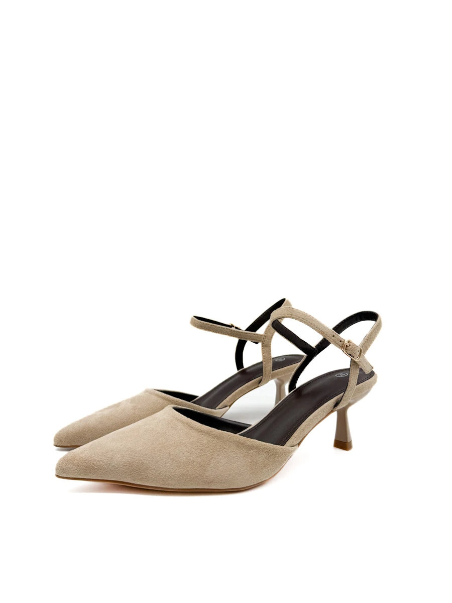 Zapatos destalonados de punta fina con tacón bajo y acabado en antelina