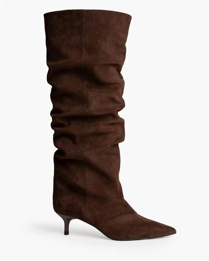 Botas Altas Arrugadas de Antelina con Tacón Bajo
