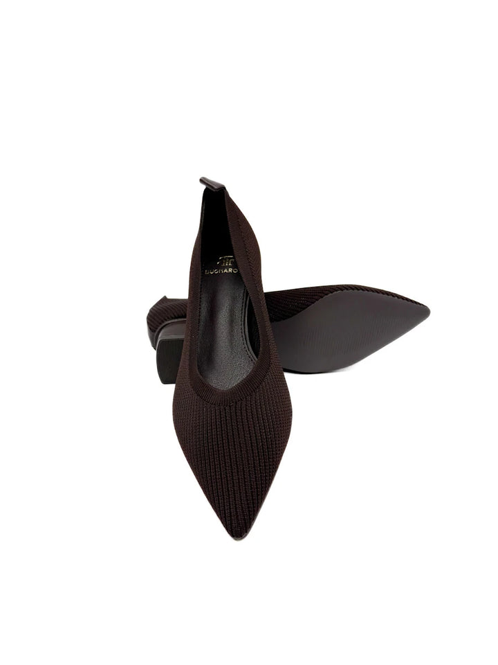 Zapatos de Salón en Tejido Elástico Canalé con Tacón Ancho y Puntera Fina