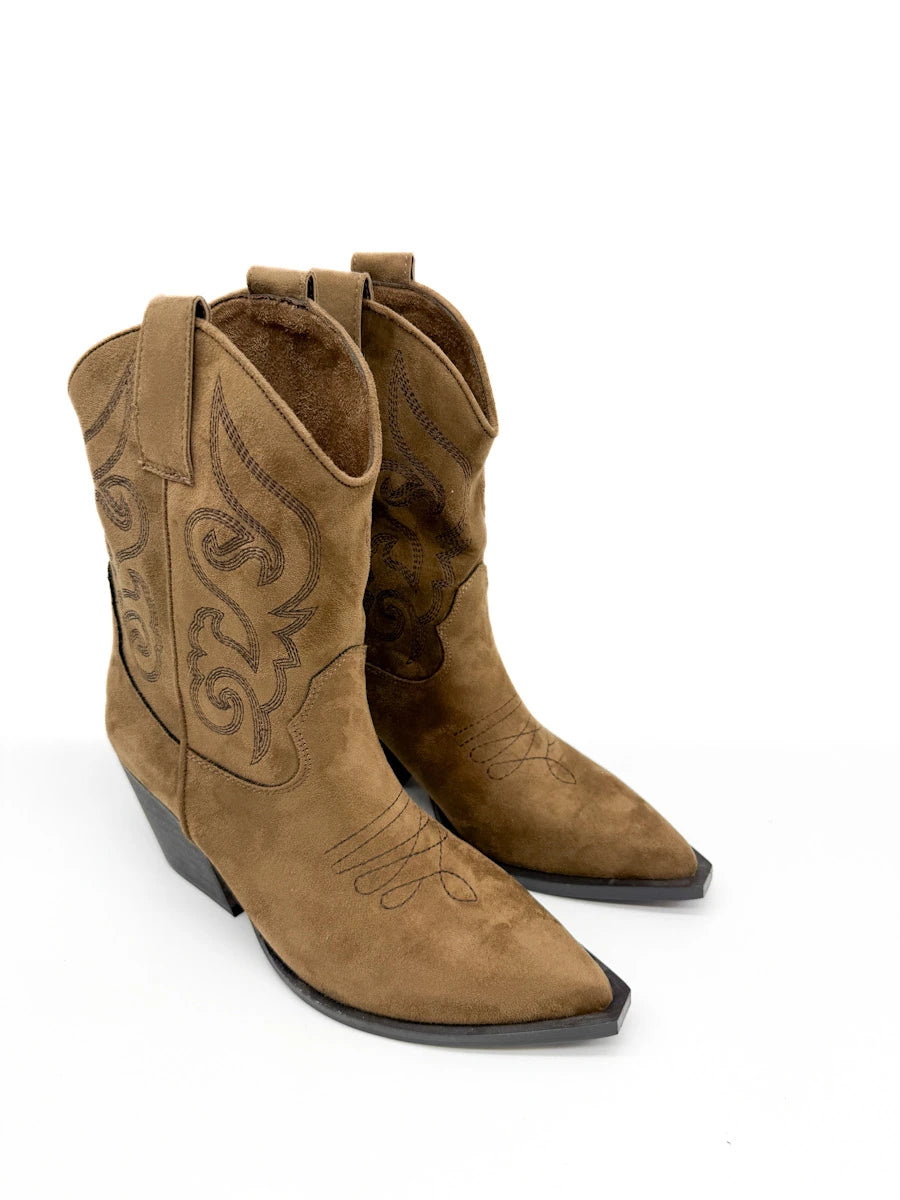 Botines Camperos Cortos Estilo Cowboy con Bordados y Cremallera Lateral