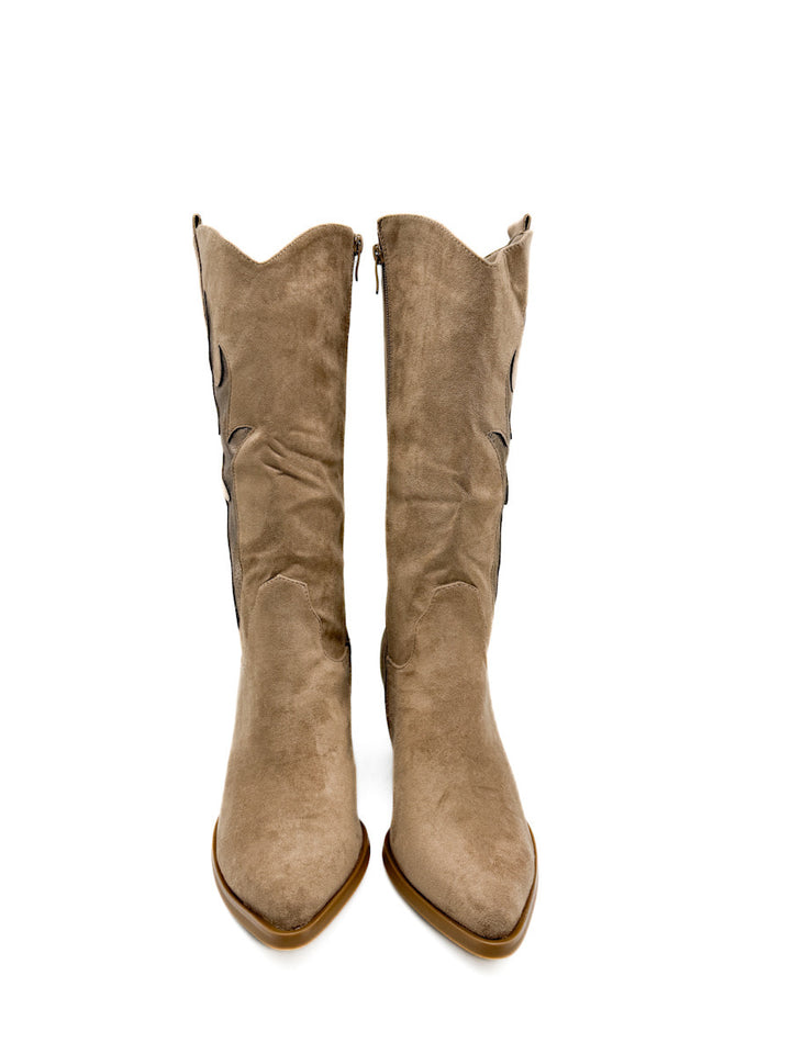 Bota cowboy de Tono Beige con Detalles en Llamas Metálicas