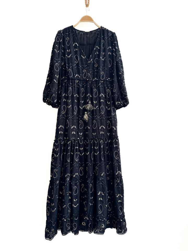 Vestido Largo Bohemio Bordado con Cordón Ajustable