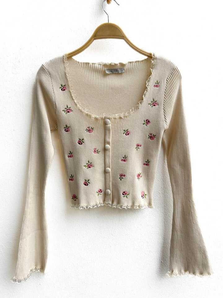 Punto Fino Bordados Florales Beige única
