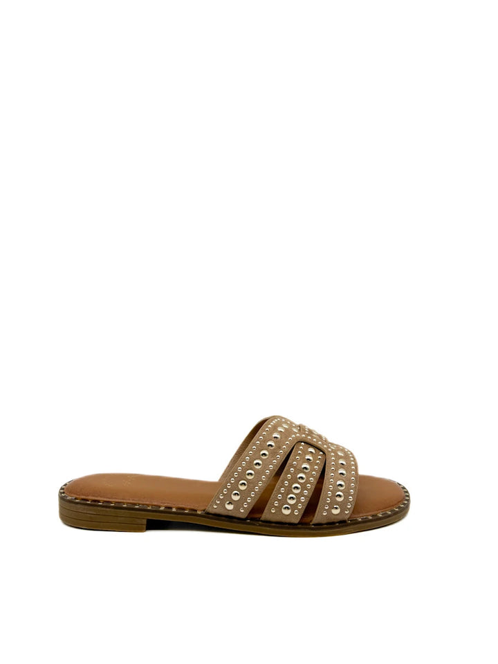 Sandalias Planas Tipo Pala con Tiras en H y Tachuelas Metálicas