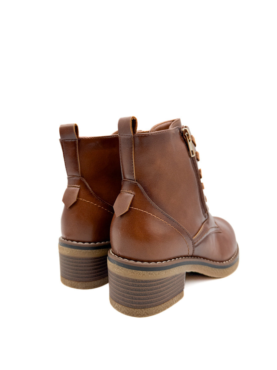 Botín Camel con Cordones, Tacón Grueso y Cremallera Lateral