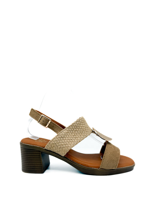 Sandalias de Tacón con Texturas y Detalle Metálico Khaki