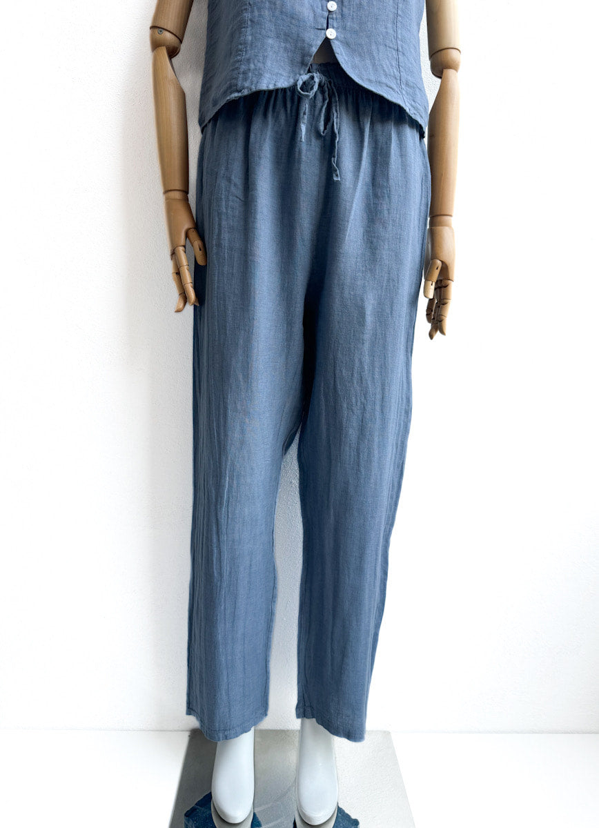 Pantalón de Lino con Cintura Elástica y Lazo Decorativo