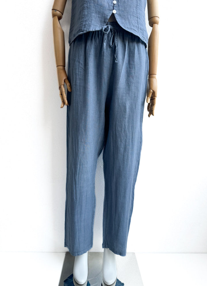 Pantalón de Lino con Cintura Elástica y Lazo Decorativo