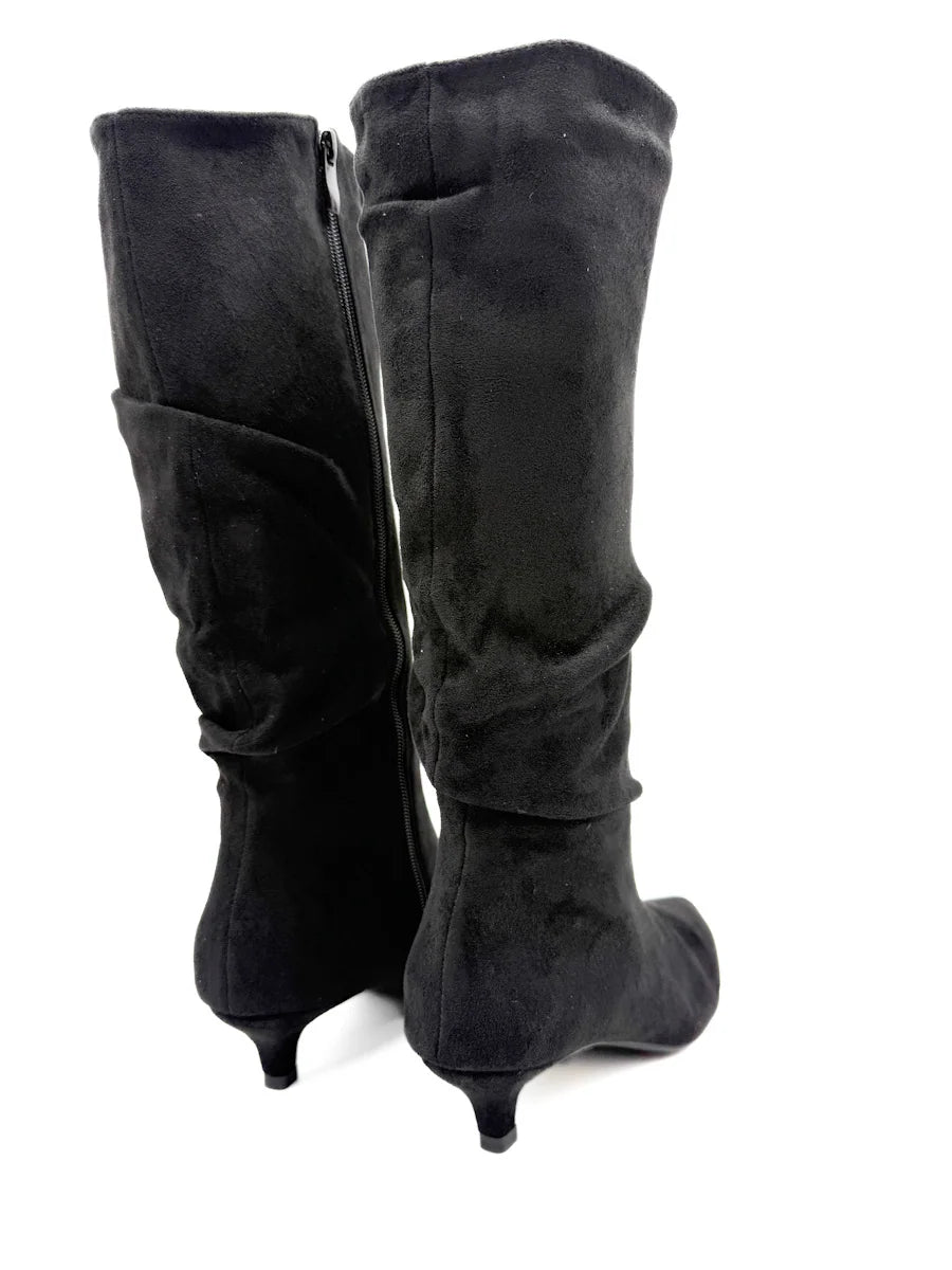 Botas Altas Fruncidas de Ante Sintético con Tacón Chupete y Puntera Fina
