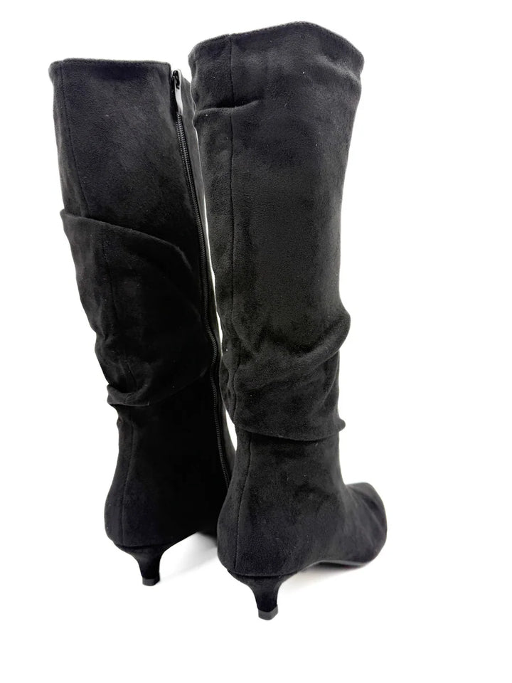 Botas Altas Fruncidas de Ante Sintético con Tacón Chupete y Puntera Fina