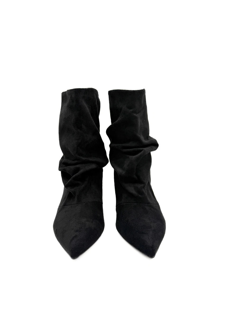 Botines Arrugados de Antelina para Mujer con Tacón Fino y Puntera Afilada