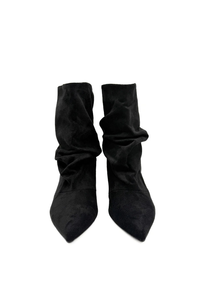 Botines Arrugados de Antelina para Mujer con Tacón Fino y Puntera Afilada