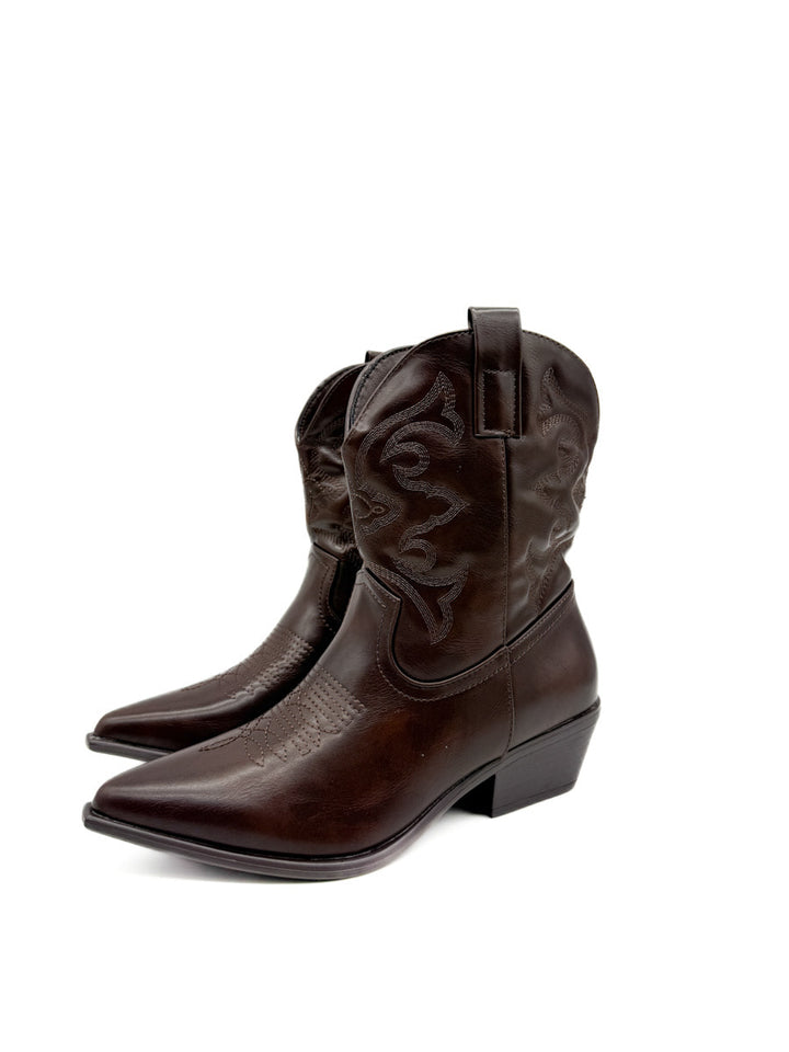 Botín Cowboy de Cuero Sintético Marrón