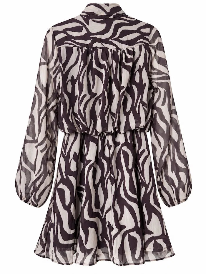 Vestido Corto de Gasa con Estampado de Cebra y Lazada al Cuello