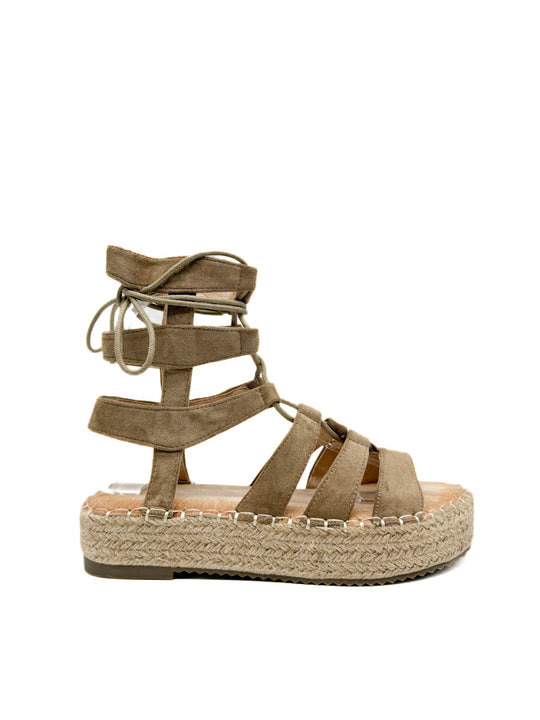 Sandalias Romanas con Plataforma de Yute y Cordones Kahki