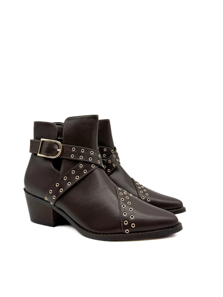 Botines Camperos de Mujer con Ojetes Metálicos y Hebilla - Tacón Ancho y Cremallera