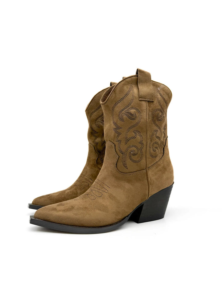 Botines Camperos Cortos Estilo Cowboy con Bordados y Cremallera Lateral