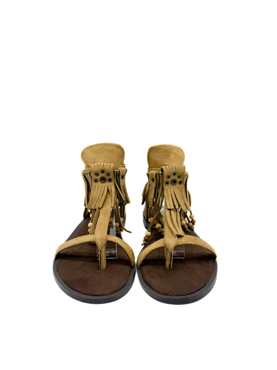 Sandalias Planas de Estilo Étnico Corina con Flecos, Cuentas de Madera y Cierre de Hebilla