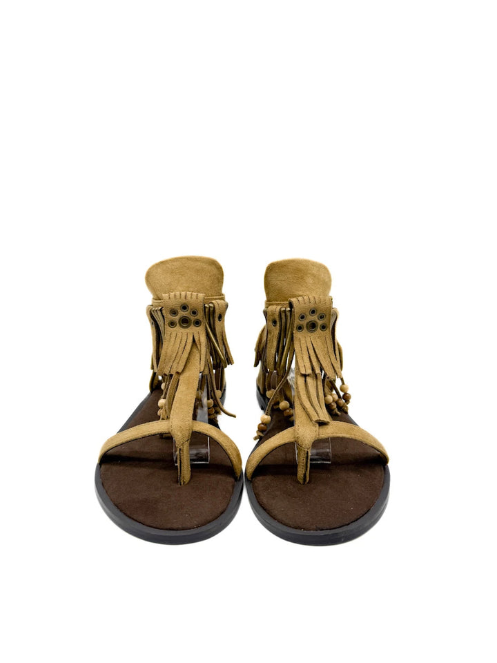 Sandalias Planas de Estilo Étnico Corina con Flecos, Cuentas de Madera y Cierre de Hebilla